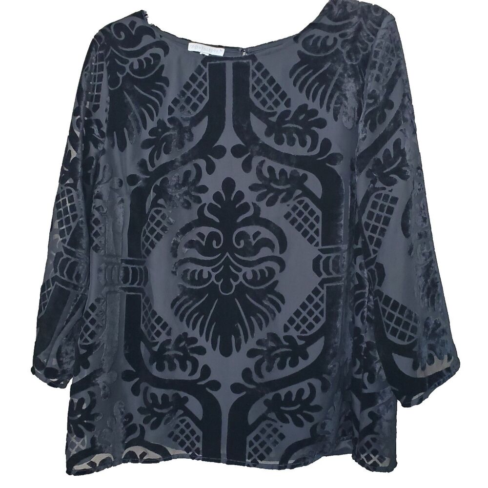 Talbots Black Burnout Velvet Keyhole Neck 3/4 Sleeve Lined Blouse Size Large
